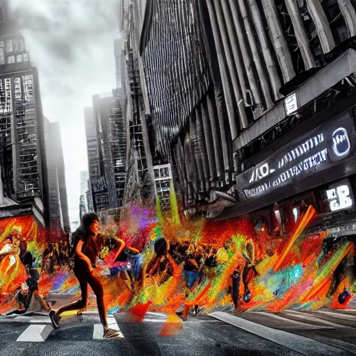 Image similar to landscape of people running away scared from crypto logos standing in the city, hyperrealism art, cointelegraph inspired design, hyperdetailed, hdr, 8 k