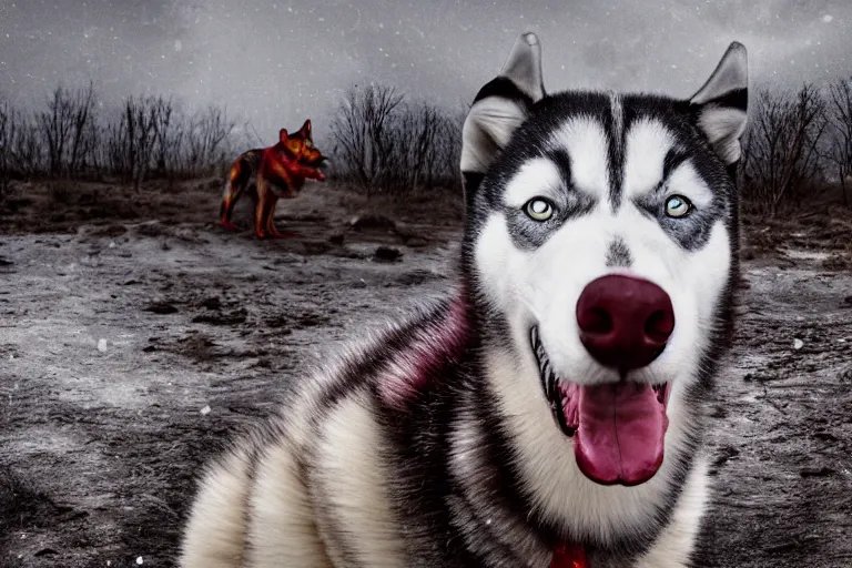 Prompt: a scenic photograph of a red - eyes and very scary! husky with red!!! eyes, drooling, looking away from the camera. the whole husky is visible in frame. anatomically correct husky. polar setting, wasteland background, ominous sky. octane render, extreme detail, super symmetrical photograph, 8 k