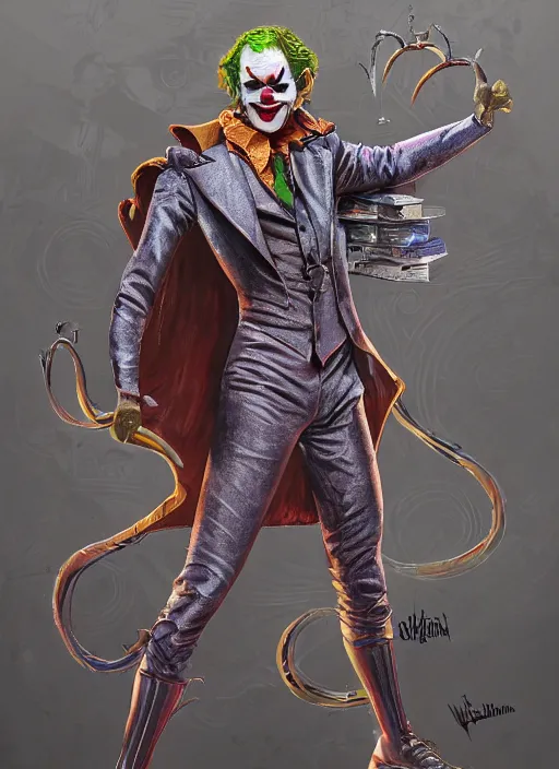 Image similar to powerful male clown, willem dafoe as the joker, full body character concept, covered in full metal armor, art nouveau, super powers, fantasy, intricate, elegant, highly detailed, digital painting, artstation, concept art, shining, sharp focus, illustration, art oleg bulakh