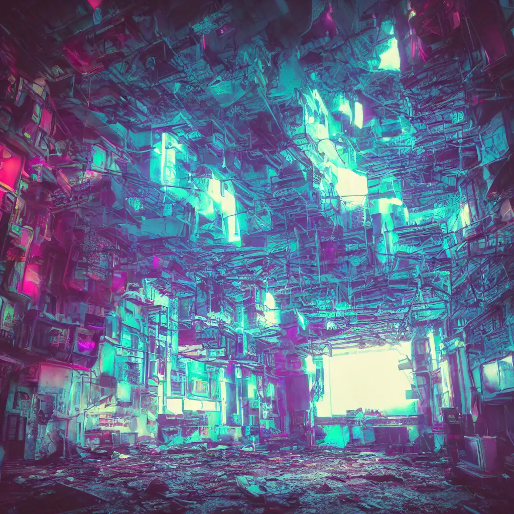 Prompt: urbex, vaporwave synthwave cyberpunk psychedelic