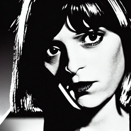 Image similar to movie still of robotic mia wallace, cinematic composition, cinematic light, criterion collection, by quentin tarantino