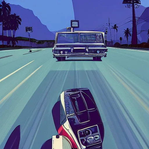 Image similar to grand theft auto ( gta ) landscape in the style of dali, trending on artstation