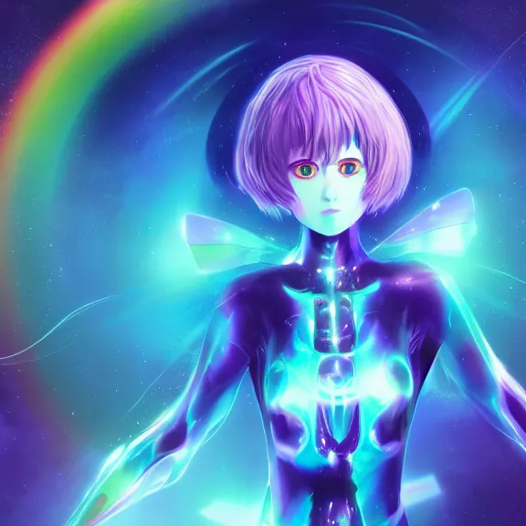 Image similar to rei ayanami, broken android kannon mindar, deep space, seascape, cosmos, psychedelic flowers, black opal, rainbow aura quartz, organic, oni compound artwork, of character, render, artstation, portrait, wizard, beeple, art, fantasy, epcot, psychedelic glitchcore