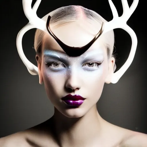 Image similar to high fashion photography of a model in neo futurism white sci - fi makup wearing antlers, transparent cloth, beautifully lit