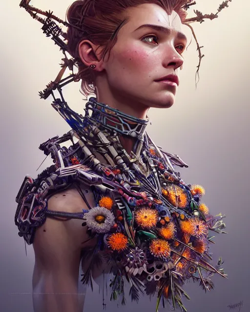 Prompt: symmetry!! portrait of a machine from horizon zero dawn, machine face, decorated with twigs and flowers, intricate, elegant, highly detailed, digital painting, artstation, concept art, smooth, sharp focus, illustration, art by artgerm and greg rutkowski and alphonse mucha, 8 k