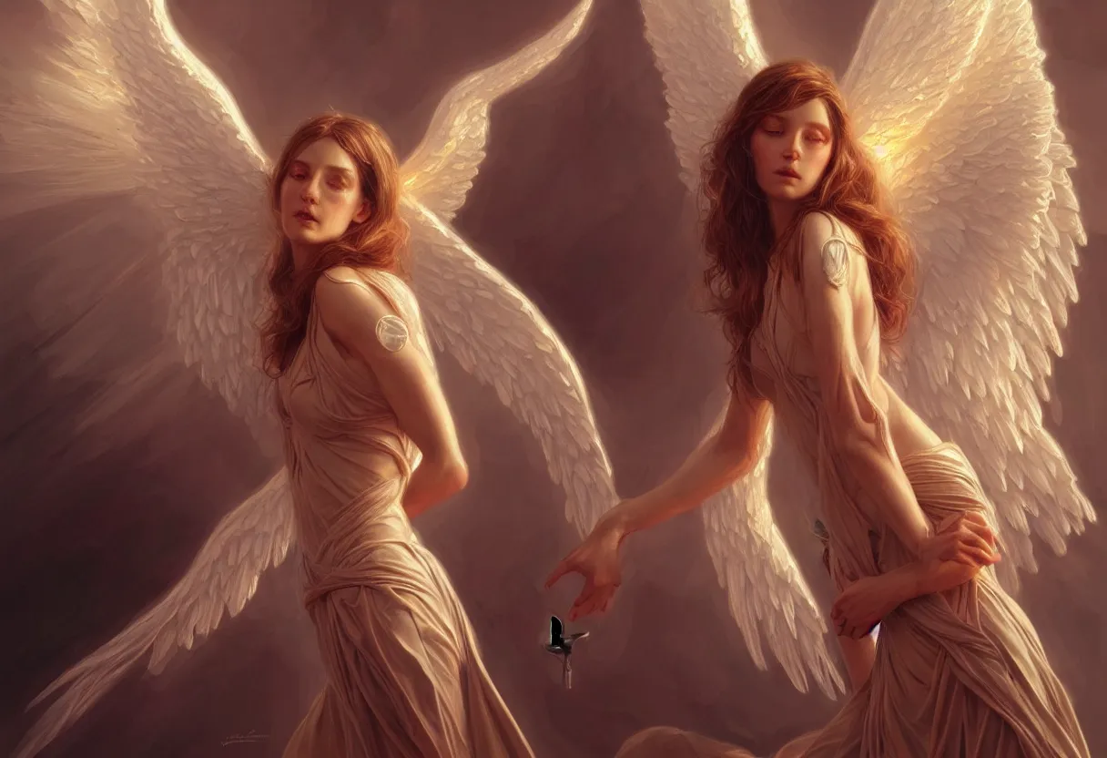 Image similar to detailed portrait of an angel spread wings, diffuse lighting, scifi fantasy, intricate, highly detailed, lifelike, photorealistic, digital painting, artstation, illustration, concept art, smooth, sharp focus, art by john collier and albert aublet and krenz cushart