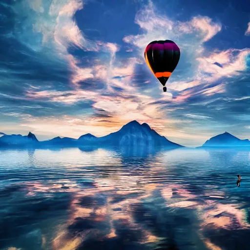 Image similar to photo of two black swans touching heads in a beautiful reflective mountain lake, a colorful hot air balloon is flying above the swans, hot air balloon, intricate, 8k highly professionally detailed, HDR, CGsociety