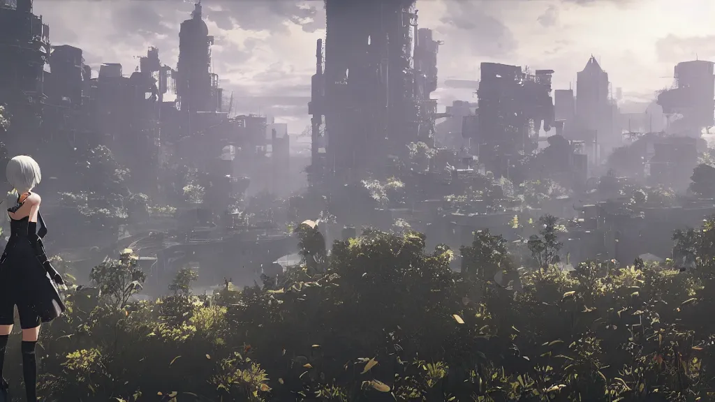 Image similar to beautiful Nier Automata landscape, no characters