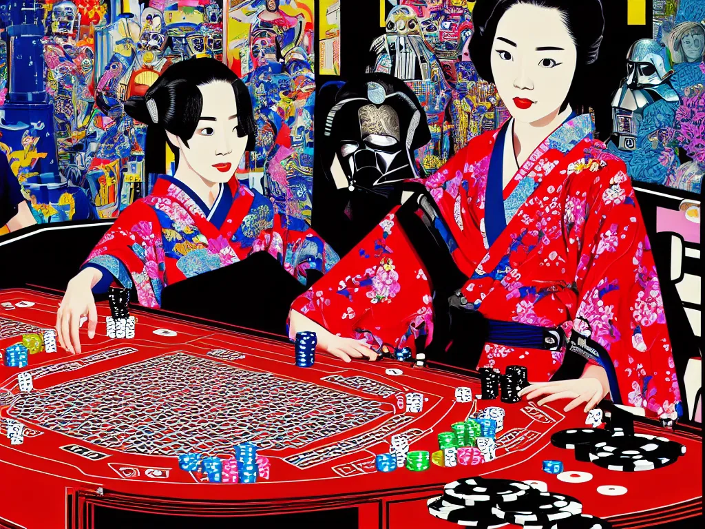 Image similar to hyperrealistic composition of the detailed woman in a japanese kimono with a c 3 p 0 robot head sitting at a extremely detailed poker table with darth vader, fireworks, mountain fuji on the background, pop - art style, jacky tsai style, andy warhol style, acrylic on canvas