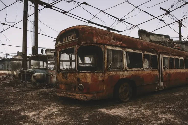 Image similar to low wide angle shot of dilapidated fallout 5 europa, temperate european hamlet, desolate, dilapidated neon signs, few rusted retro futuristic vintage parked vehicles like cars, ( ( ( ( buses, trucks, trams ) ) ) ), volumetric lighting, photorealistic, daytime, autumn, sunny weather, sharp focus, ultra detailed