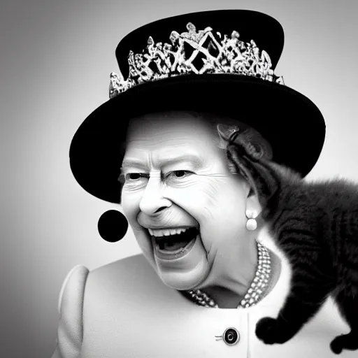Prompt: queen elizabeth ii screaming at a kitten, canon eos r 3, f / 1. 4, iso 2 0 0, 1 / 1 6 0 s, 8 k, raw, unedited, symmetrical balance, wide angle