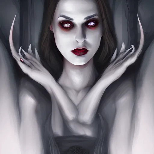 Image similar to illustration of a lady vampire, digital painting, ominous, sharp, detailed, 4k