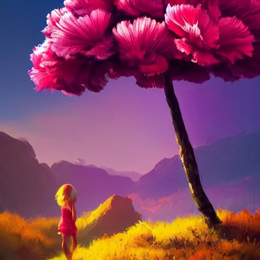 Image similar to giant carnation flower head, girl hiking in the mountains, surreal photography, sunrise, dramatic light, impressionist painting, colorful clouds, digital painting, artstation, simon stalenhag