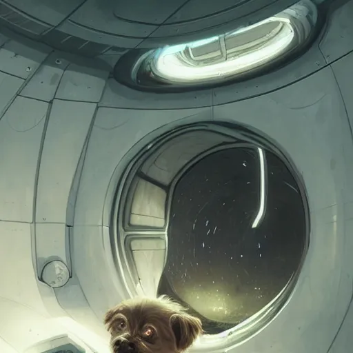 Image similar to little dog inside a hypersleep pod inside a cyberpunk spaceship, very realistic, greg rutkowski, caspar david friedrich, smooth, illustration, elegant, artstation, digital painting