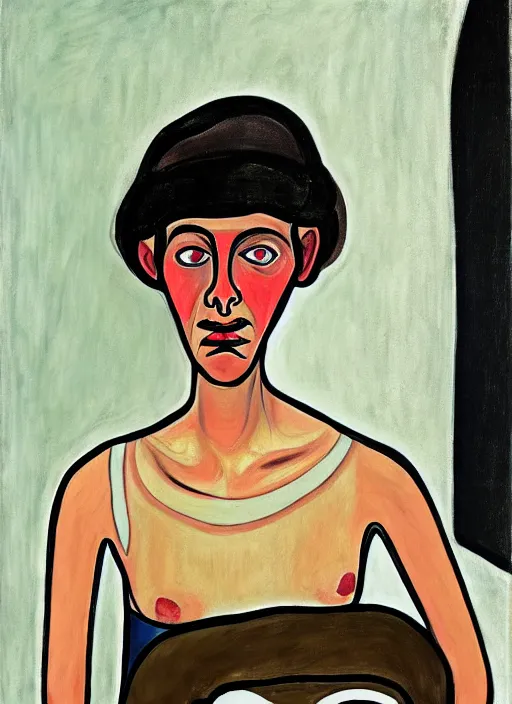 Image similar to a portrait of a pretty sewer punk young lady by alice neel