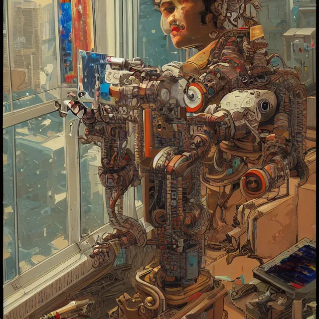 Image similar to robot artist painting a self - portrait on a canvas. intricate, highly detailed, digital matte painting, in the style of alexandros pyromallis, and in the style of sachin teng, and in the style of hans thoma, and in the style of clyde caldwell. irony, recursion, inspiration.