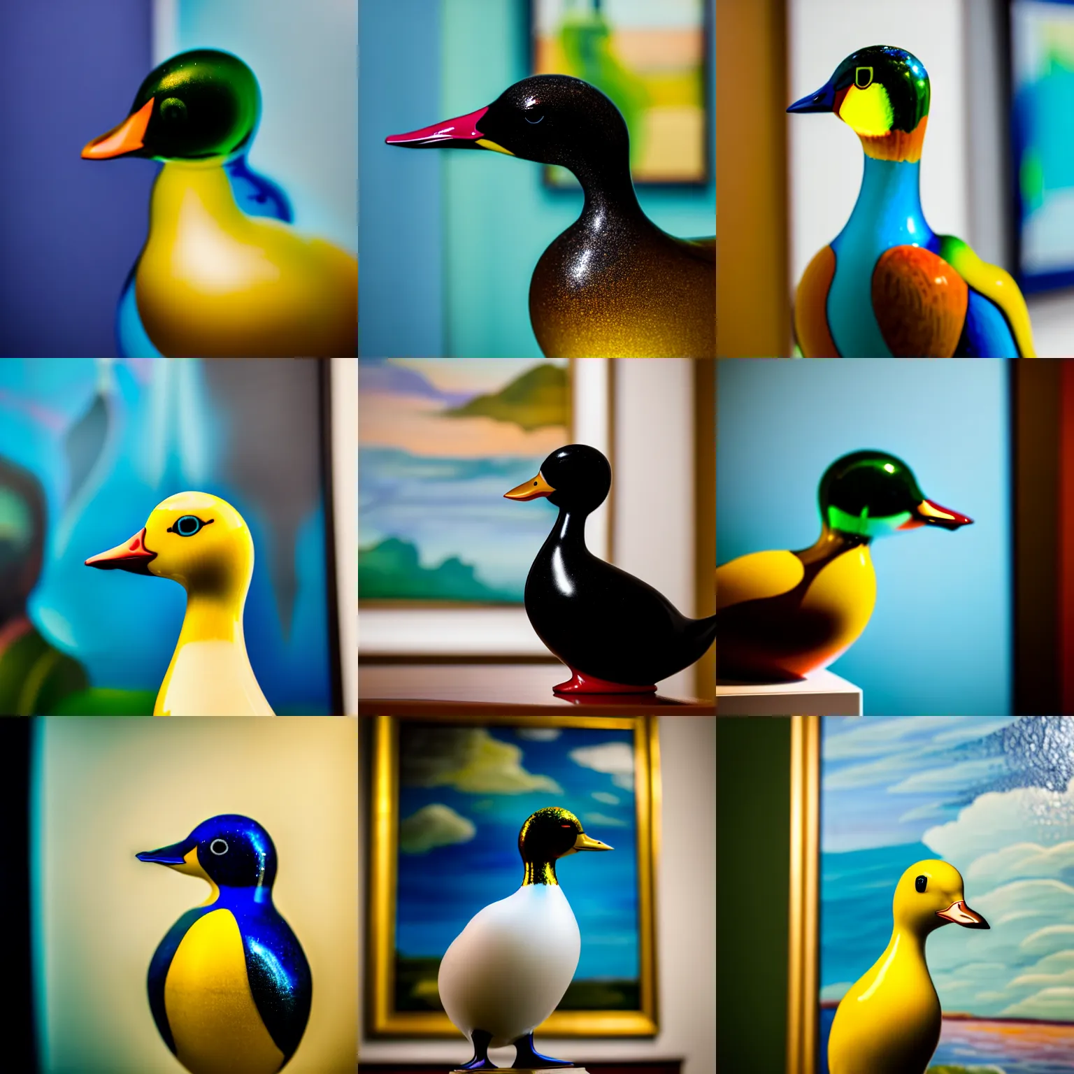 Prompt: a close up photo of a [ glass duck in front of a painting ], professional photography, sigma 8 5 mm f / 8