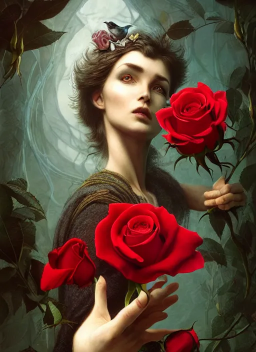 Prompt: a bird with hands holds a rose, hyperrealism, no blur, 4 k resolution, ultra detailed, style of tyler edlin, tom bagshaw, arthur rackham, ivan shishkin