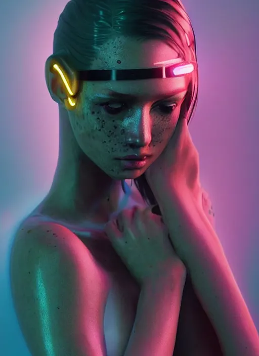 Image similar to a sensual caucasian female humanoid with freckles, cyber neon lighting, futurism, intricate futuristic jewelry accessories, cyberpunk latex swimsuit, profile posing, hyper photorealistic, crispy quality, digital photography, trending in artstation, trending in pinterest, cinematic, 4 k ultra hd, art by pascal blanche, art by greg rutkowski,