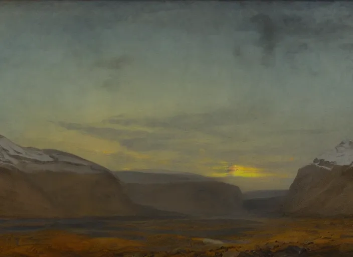 Prompt: vatnajokull national park, iceland in the style of hudson river school of art, oil on canvas