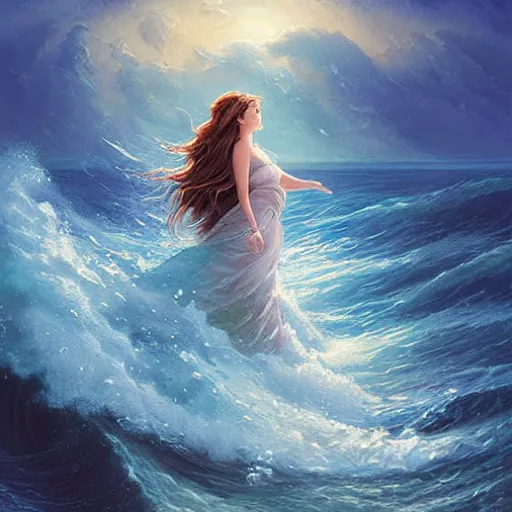 Image similar to portrait of beautiful woman in big waves at sea, long hair blowing in the wind, an oil painting by ross tran and thomas kincade, studio ghibli