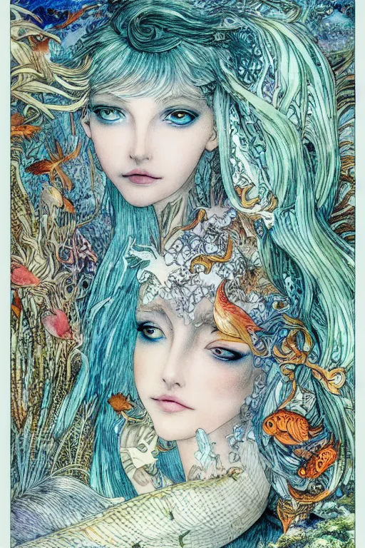 Image similar to mermaid face closeup surrounded by goldfish, art by luis royo and walter crane and kay nielsen, watercolor illustration, ultra sharp focus