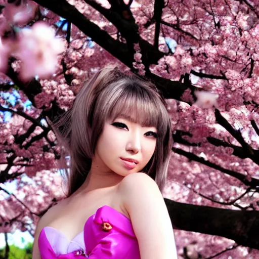 Prompt: Face of a Pretty japanese gyaru with Sakura tree blooming on background