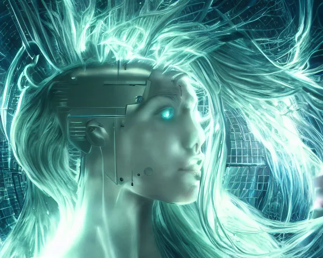 Image similar to glowing hair, complex cybernetic beings, beautiful hairy humanoids, cybermagnetosphere, cybernetic civilizations, ornate hair, love, joy, vortexes, large arrays, data holograms, 8 k, cinematic light shadows, wet hdr refractions, *, * * *, * * * * *