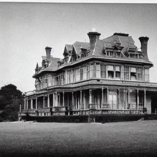 Prompt: edwardian photograph of a huge mansion, in the countryside, grainy, 1 9 1 0 s, 1 9 2 0 s, blurry, victorian, detailed