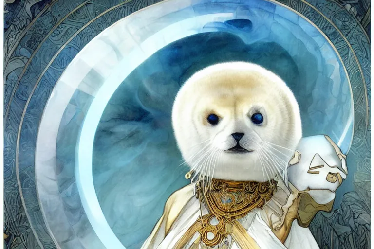 Image similar to a portrait of king baby harp seal, lord of the Arctic, portrait, gold blue silver and white colors, water color, art by artgerm and greg rutkowski and alphonse mucha and jin xiaodi and anthony devine