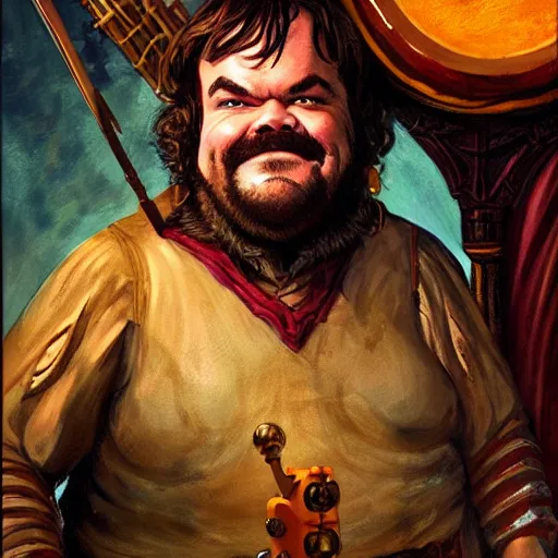 Image similar to D&D character portrait jack black as bard in a tavern playing a bad song designed by Bruce Pennington painted by Ed Emshwille Graphic novel