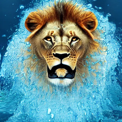 Image similar to a male lion's face breaching through a wall of water, headshot, water sprites, splashing, deep blue ocean, highly detailed, realistic digital art, trending on artstation