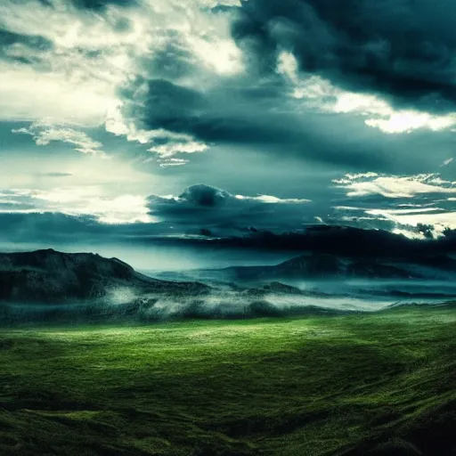Prompt: epic landscape with cinematographic lighting and clouds