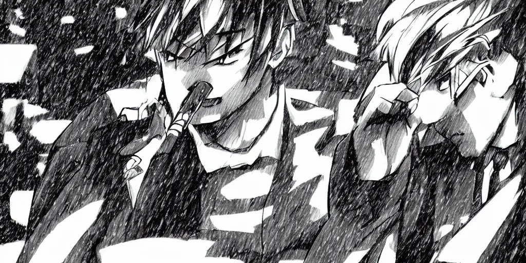 Prompt: Shuichi Akai smokes in the snow, Japanese manga style, sketch