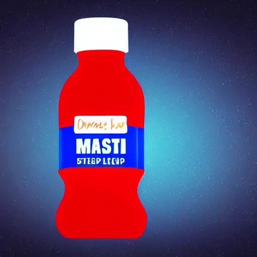 Image similar to ketchup bottle with label with letters on blue background with mars at lower right corner and saturn at upper right corner realistic digital art