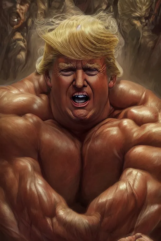 Image similar to portrait of donald trump as a hulking herculean demon, forest, godlike, full body, fantasy, intricate, elegant, highly detailed, digital painting, artstation, concept art, sharp focus, illustration, art by artgerm and greg rutkowski and alphonse mucha