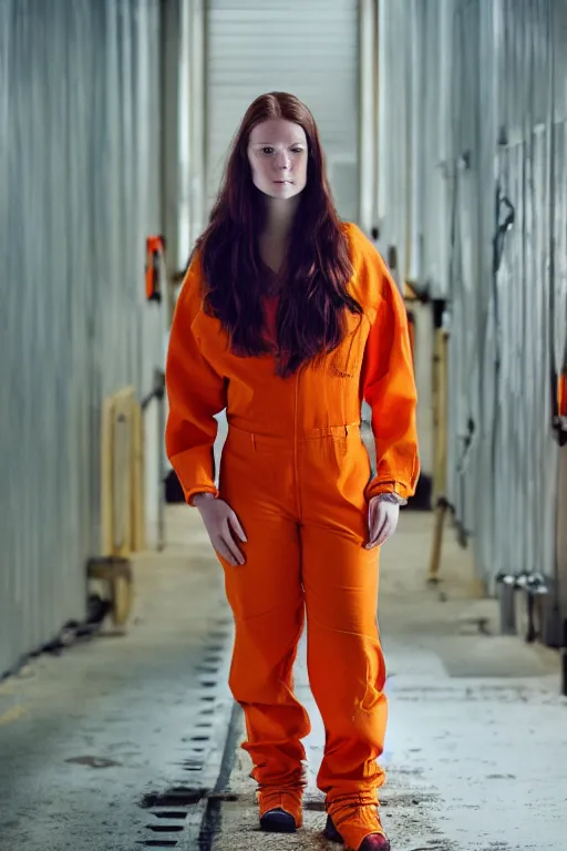 Image similar to portrait photo of a danish teenage girl in an orange jumpsuit. Natural, orange hair, freckles. In an industrial environment. Shallow depth of field. Dramatic lighting. Highly detailed. Closeup.