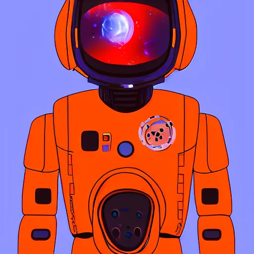 Image similar to Concept character art, man wearing scifi robotic space suit, red and orange, digital art