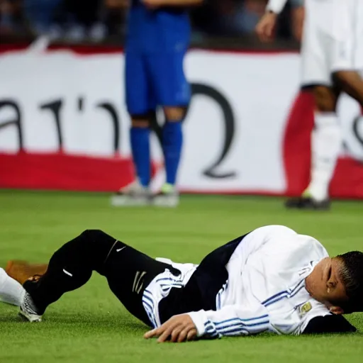 Image similar to ronaldo in a game laying down because he's tired and his teammates are angry at him