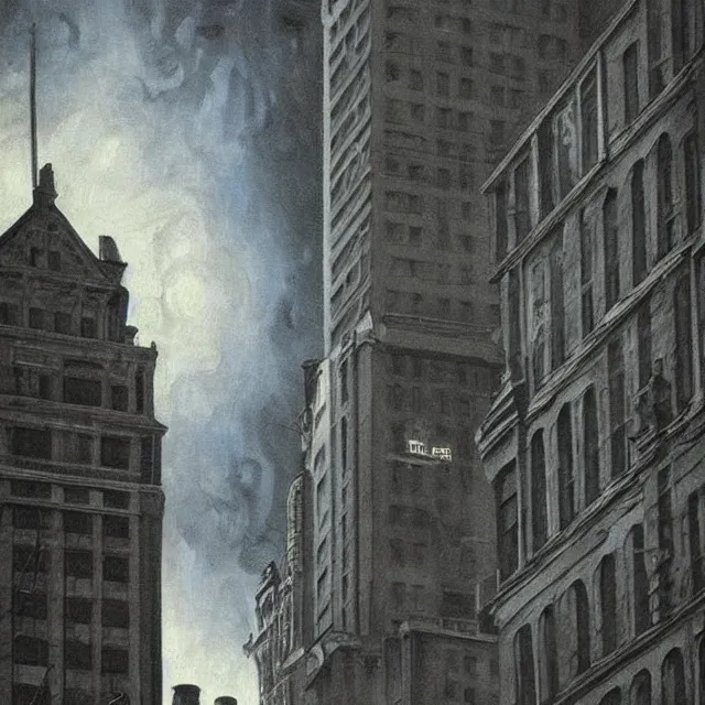 Image similar to ultra - realistic painting gothic 1 9 2 0 s 1 0 - storey hotel in downtown boston overlooking a dark street against a horrifying cosmic sky, atmospheric lighting, gloomy, foreboding