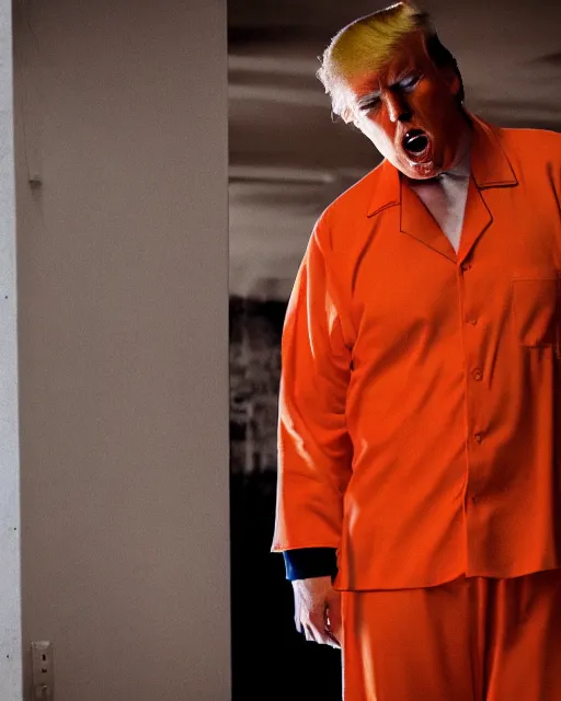 Image similar to closeup portrait of of angry donald trump wearing orange prison pajamas sitting on a bed kissing a bald eagle in a filthy prison, cinematic masterpiece, octane, dramatic lighting, editorial photo, 35mm, very detailed