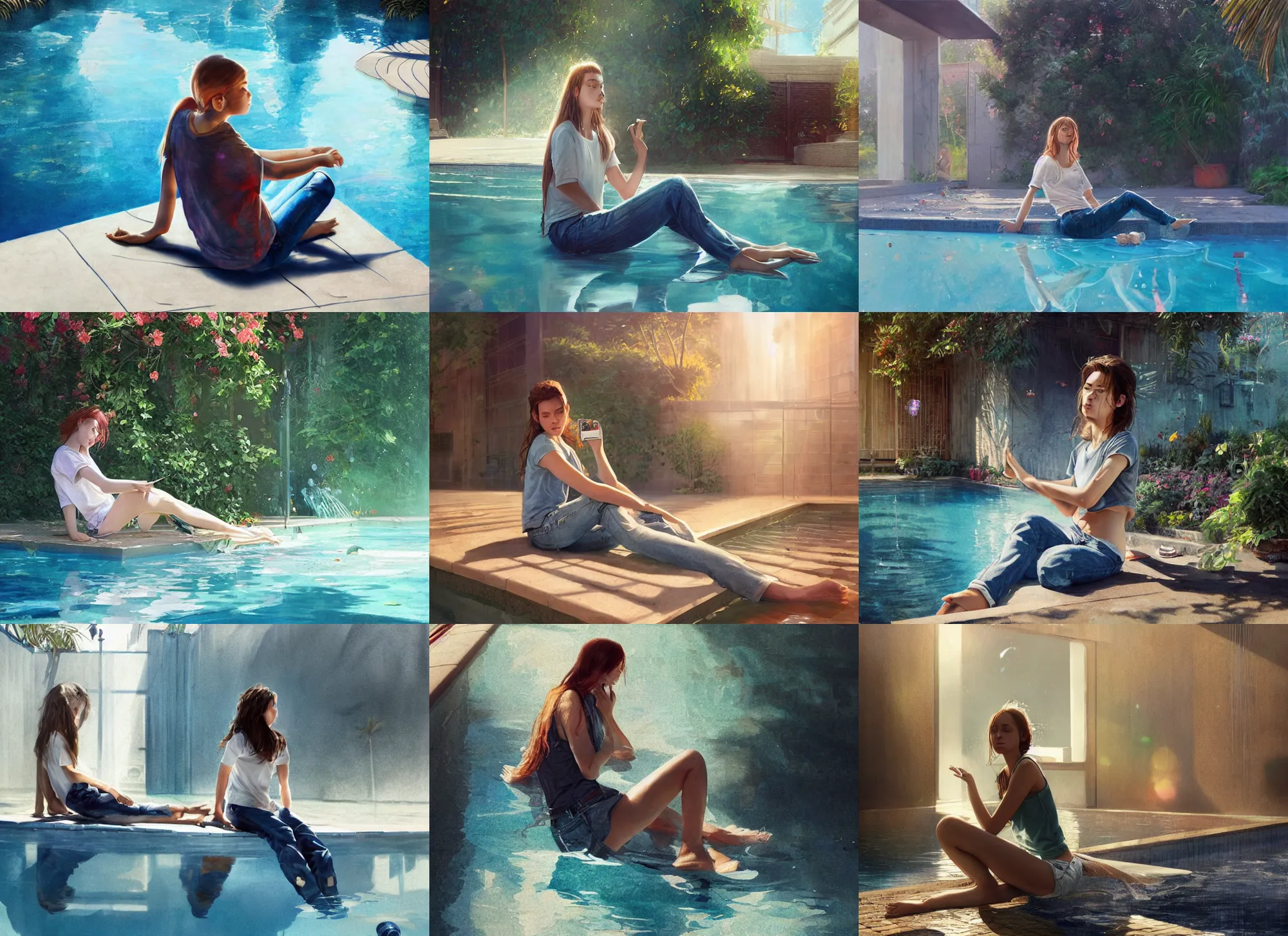 Prompt: girl sitting in jeans and a t - shirt on the side of a pool, sunny, bright, reflections, intricate, sharp focus, lens flare, bloom, illustration, highly detailed, digital painting, concept art, matte, art by ruan jia and wlop and greg rutkowski, masterpiece