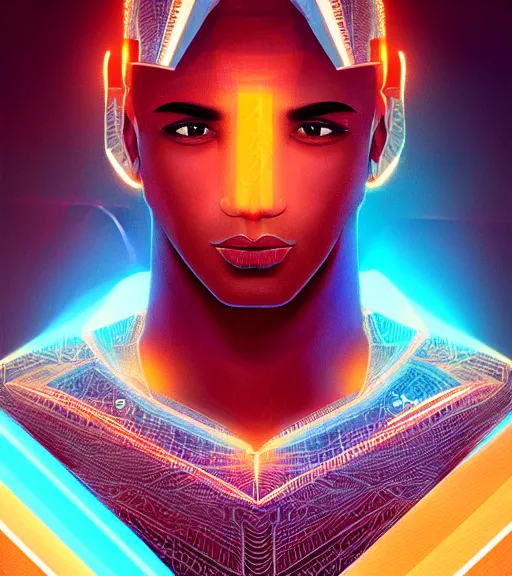 Image similar to symmetry!! egyptian prince of technology, solid cube of light, hard edges, product render retro - futuristic poster scifi, lasers and neon circuits, brown skin man egyptian prince, intricate, elegant, highly detailed, digital painting, artstation, concept art, smooth, sharp focus, illustration, dreamlike, art by artgerm