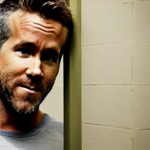 Image similar to photo of Ryan Reynolds in jail, looking sad, highly detailed, high quality, HD, 4k, 8k, Canon 300mm, professional photographer, 40mp, lifelike, top-rated, award winning, realistic, sharp, no blur, edited, corrected, trending