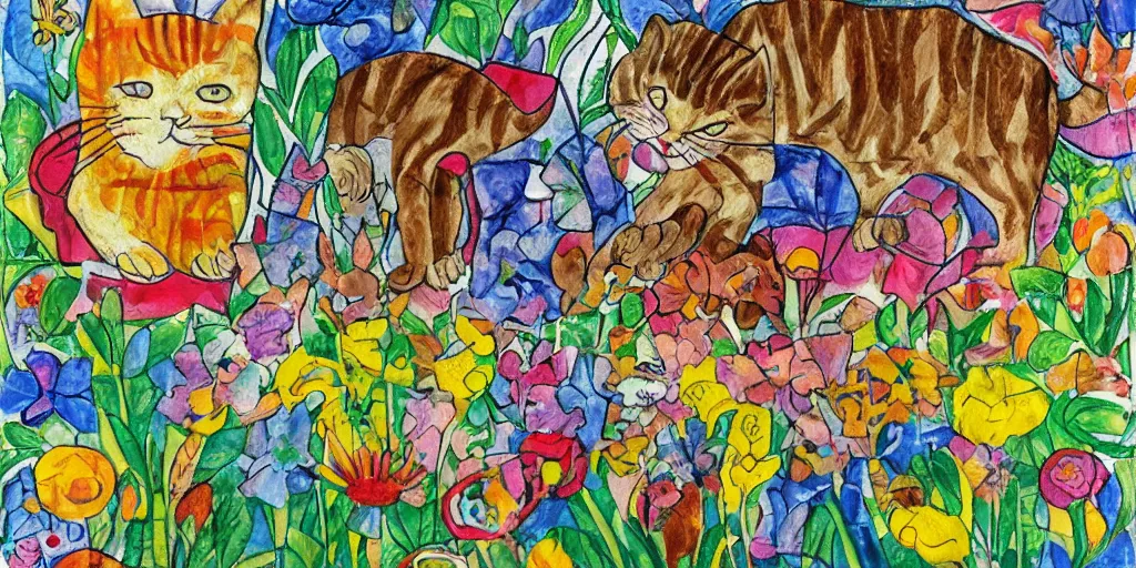 Prompt: cat playing in a garden of flowers, a mix media painting by laurel burch and Leonardo da Vinci and Natalia Goncharova, cluttered , child's drawing