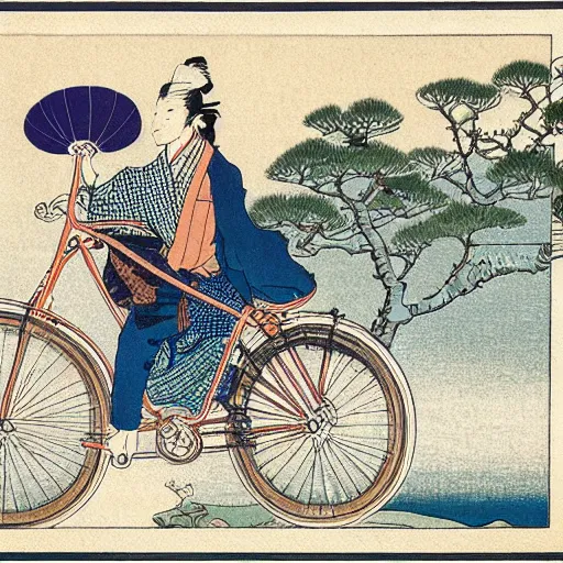 Prompt: a guy riding a bicicle with a balloon in his hand, by Hokusai