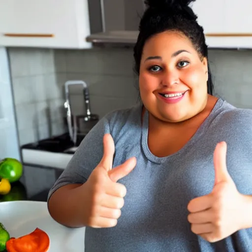 Image similar to fat woman with black long ponytail giving a thumbs up, selfie in the kitchen