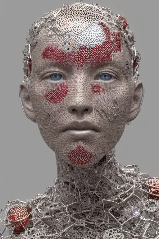 Prompt: a melancholic realistic 8k Sculpture of a complex robotic human face, liquid simulation, dramatic lighting, silver gold red details, hexagonal mesh wire, filigree intricate details, cinematic, fleshy musculature, white blossoms, elegant, octane render, 8k post-processing, intricate artwork by Tooth Wu and wlop and beeple and dan mumford and greg rutkowski