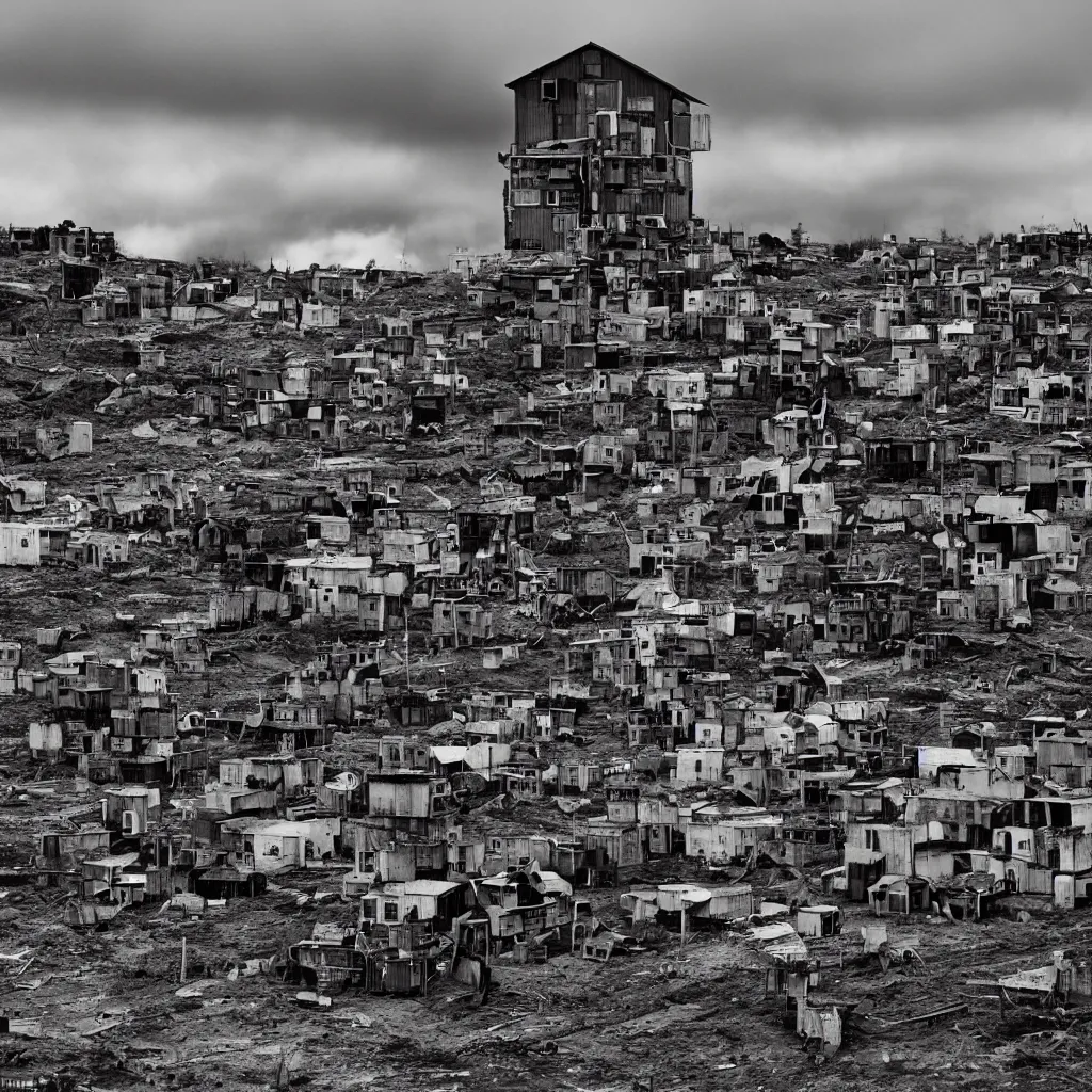 Image similar to towers made up of colourful makeshift squatter shacks, bleached colours, moody cloudy sky, dystopia, mamiya, very detailed, photographed by ansel adams