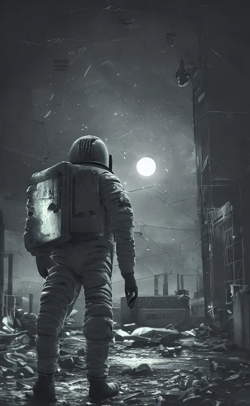 Image similar to WW2 photography, SOMA game art style, astronaut, nighttime, full moon, hyperdetailed, realistic, dark, horror, thrilling, random art